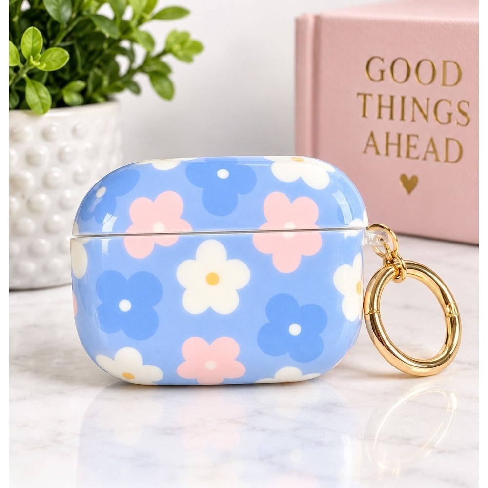 Blue Floral AirPods Pro Case Cover with Gold Keychain Clip Flower Pattern